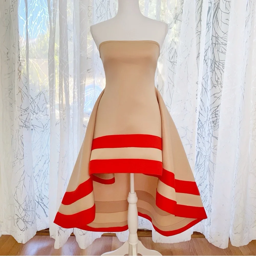 MUEHLEDER TAN RED STRIPE TRIM STRAPLESS HIGH LOW DRESS - Picture 1 of 9